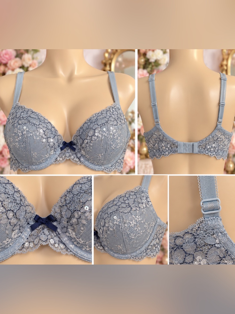Victoria’s Secret Dream Angels 34C Blue Lace Sequin Push-Up Bra